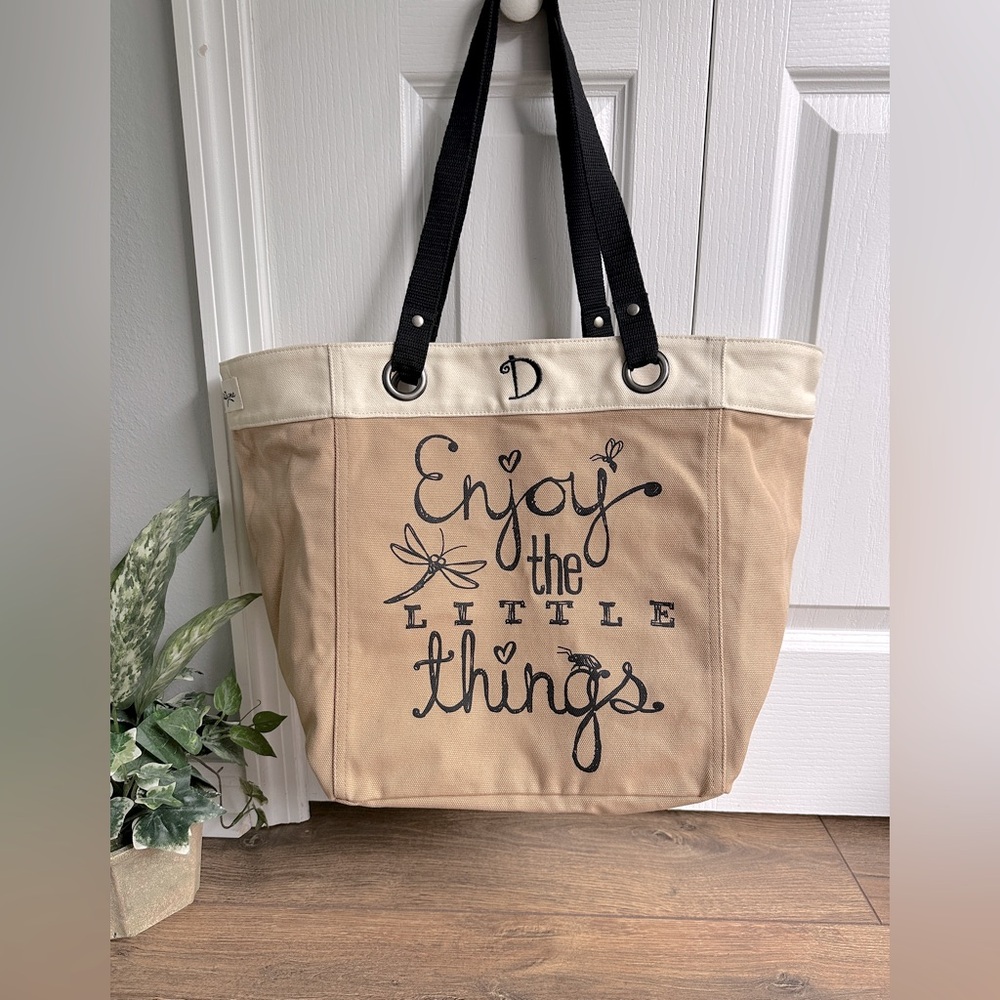 Thirty-One Tan & Cream Canvas Tote Bag - Earth Tone Bag, Letter D Tote Bag